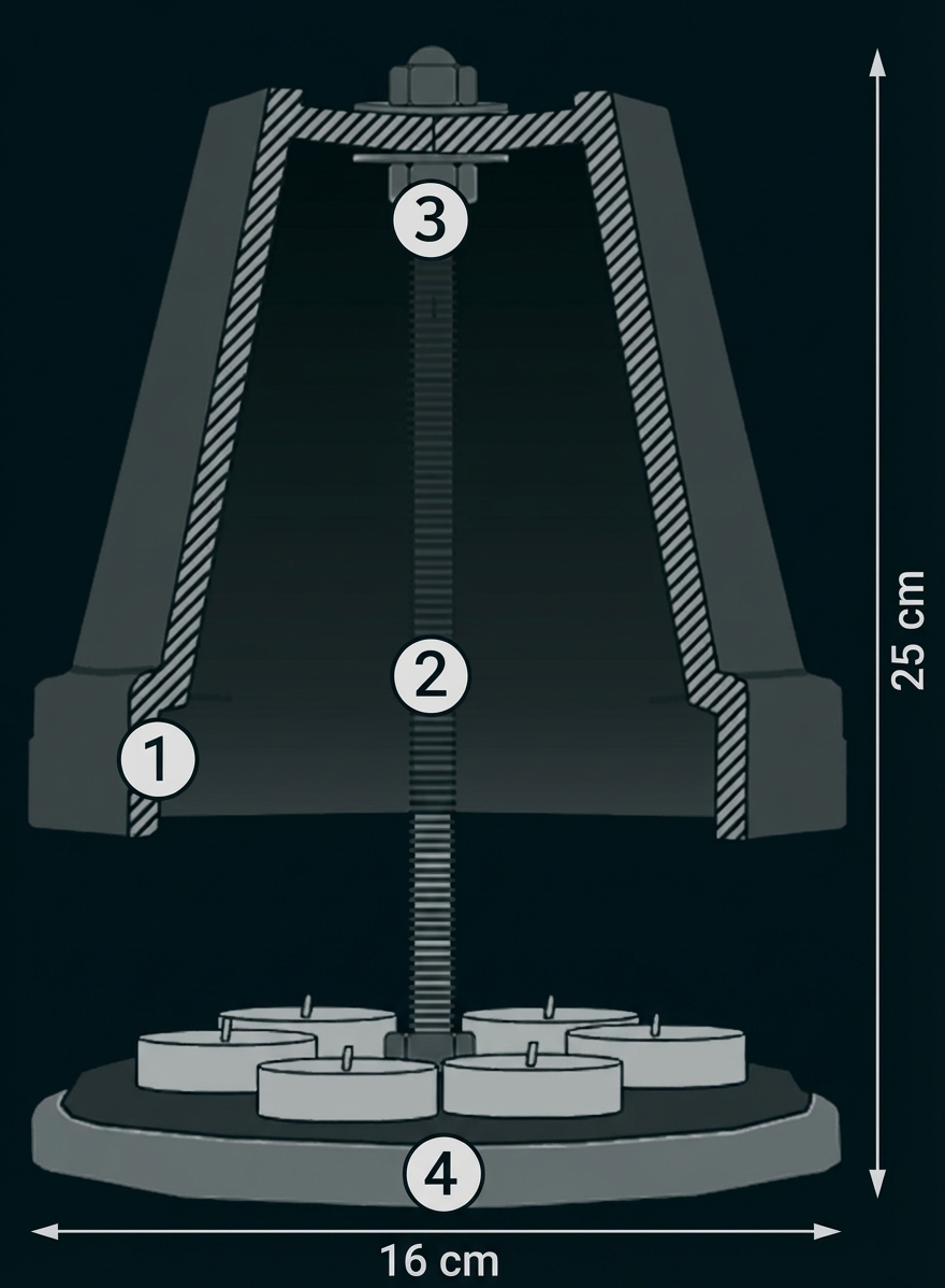 Querschnitt einer Haube mit nummerierten Bauteilen, mittiger Gewindestange und vier Teelichtern auf einer Grundplatte, 25×16 cm